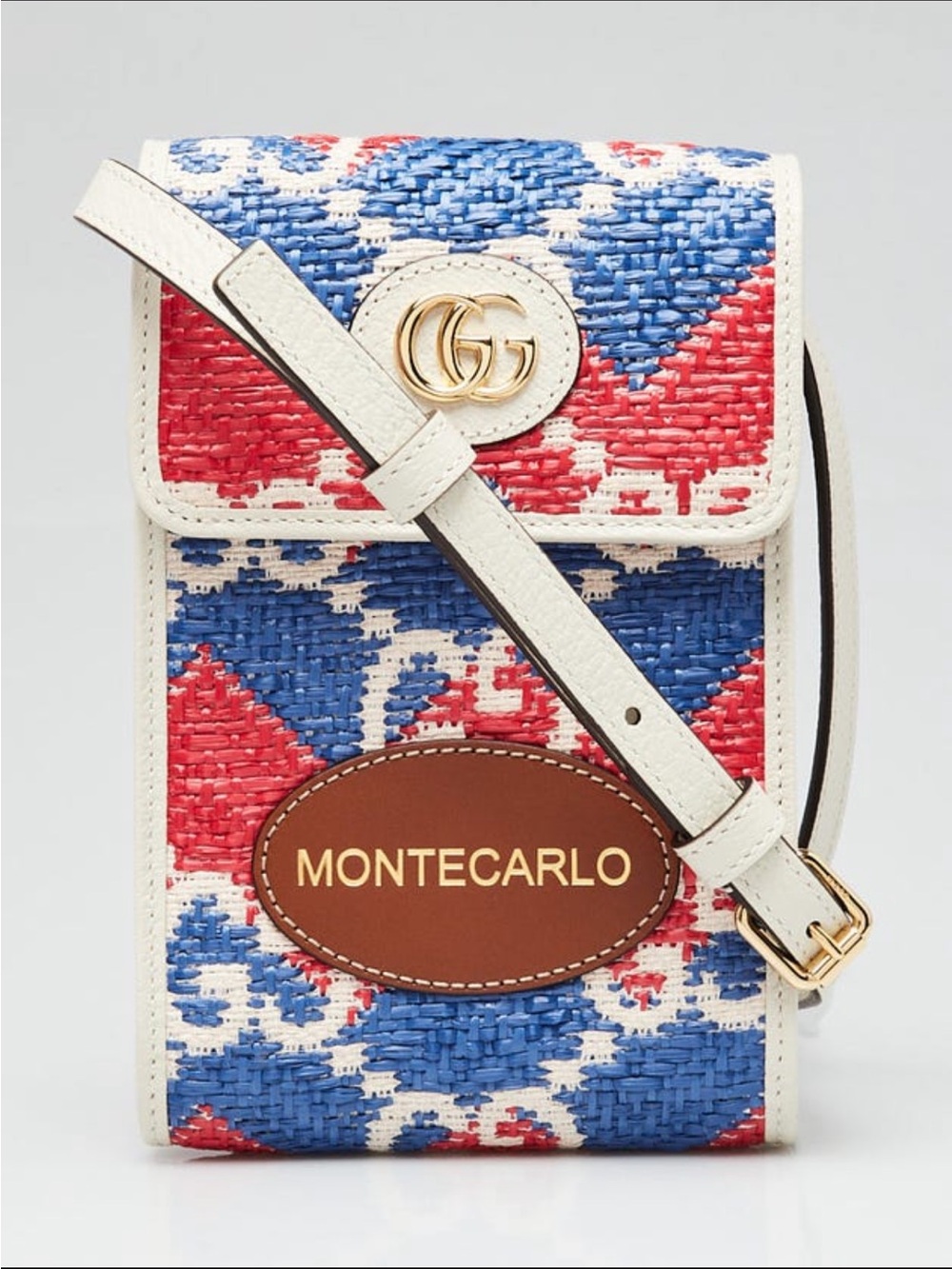 Gucci Montecarlo GG Raffia Crossbody Bag Blue & Red w/ Ivory White Leather RARE